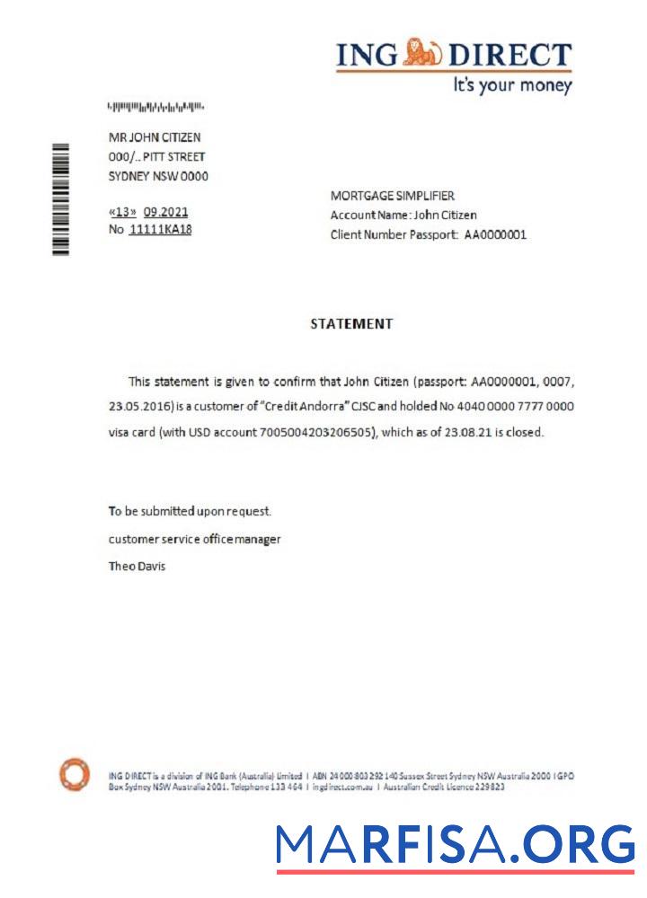 Blank Australia ING direct closure reference sample